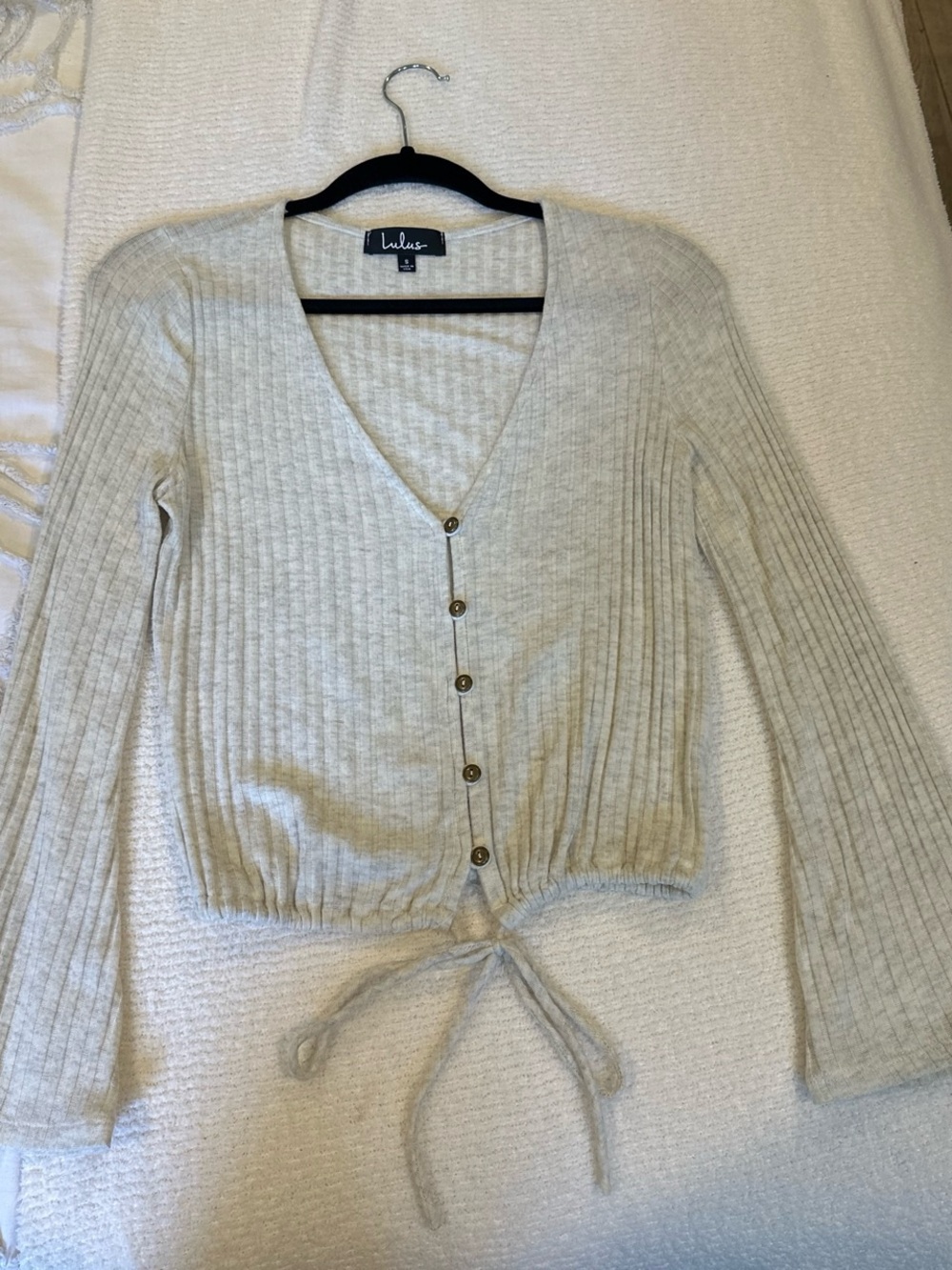 Lulu's Light Cream Ribbed Button Tie-Front Cardigan